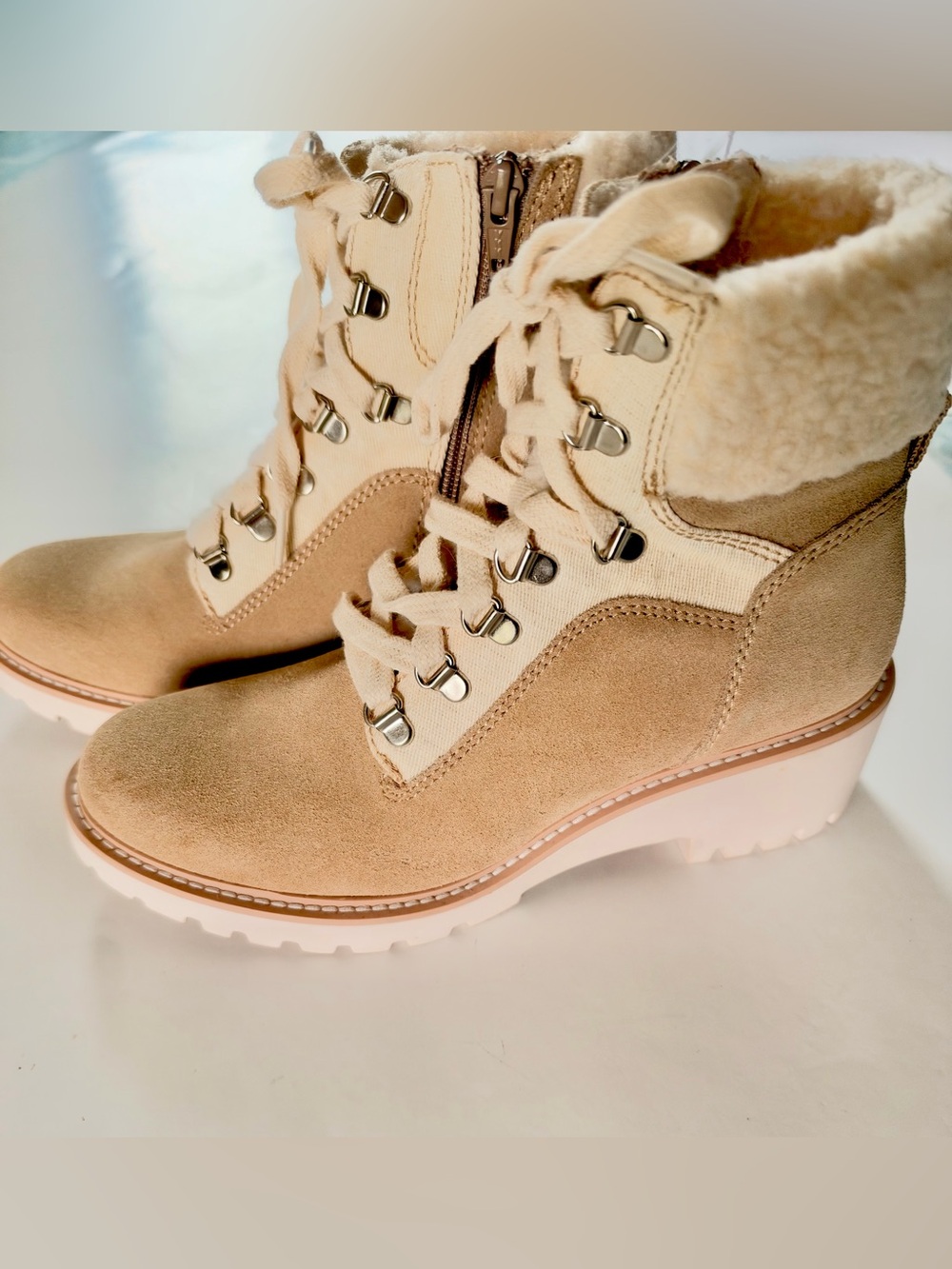 NWOB Beige Suede Lace-Up Wedge Ankle Boots with Shearling Collar Dolce Vita